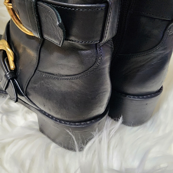 Stuart Weitzman Black Leather Ankle Boots with Gold Buckles - Picture 5 of 10